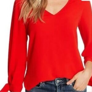 CeCe Deep Red Satin Look V-Neck Blouse